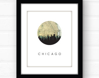 Chicago skyline art | Chicago map print | Chicago print | Chicago, Illinois art | Chicago, Illinois home | city skyline wall art | map art