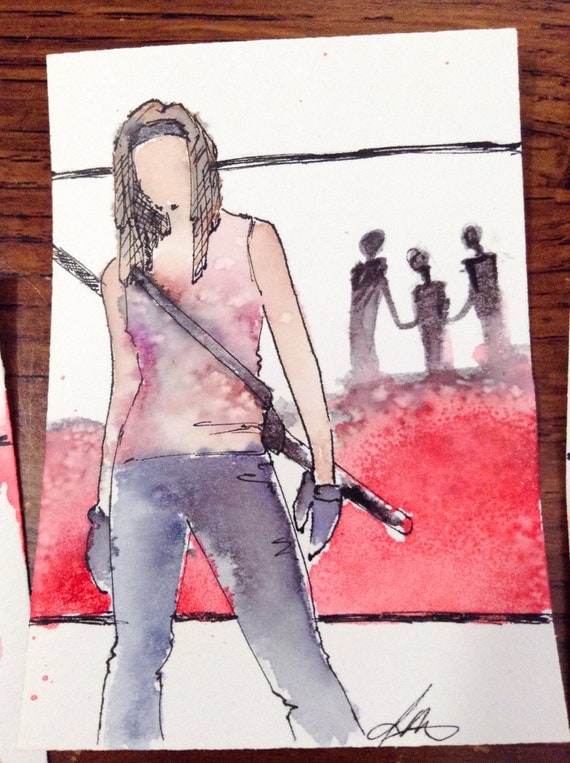 Michonne, Walking Dead original Fan Art Watercolor, Salt, and pencil on Bristol ACEO Artist Trading Card