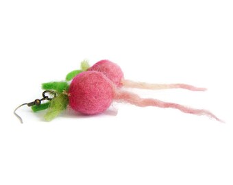 Felted Radishes - Radish Earrings - Vegetable Earrings - Veggie Jewelry - Pink and Green Earrings - Wool Earrings - Wool Jewelry - Handmade