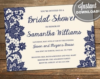 Wedding Shower Invitation, Bridal Shower Invitation, Lace, Navy, Blue, Cream Background, Printable File #IDS1003