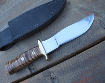 Fine Hand Made In The USA Skinning , Hunting, Fishing Knife 52100 Steel Blade, Tiger Stripe Maple Handle With Handmade Leather Sheath