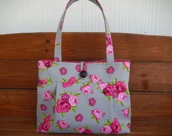 Handbag Purse Fabric Handbag Accessories Women Handbag Large Pleated Bag Shoulder Bag in Light Gray with Pink Rose Print