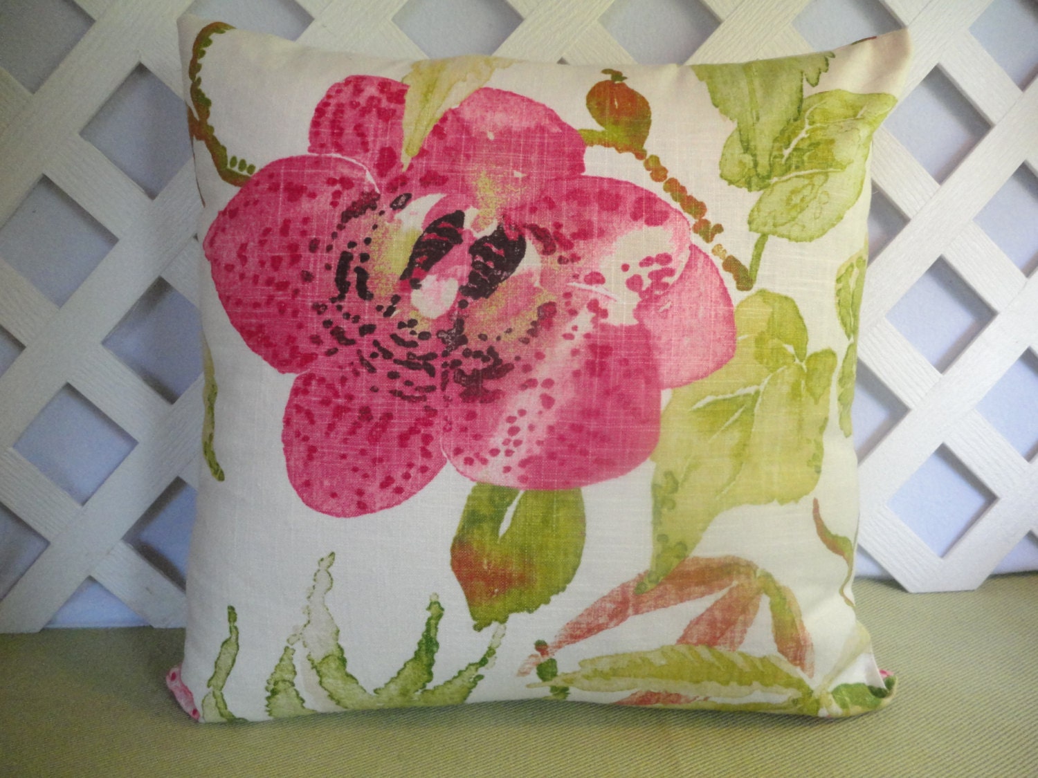 Floral Pillow Cover in Pink Green Ivory / Pink Green Pillow