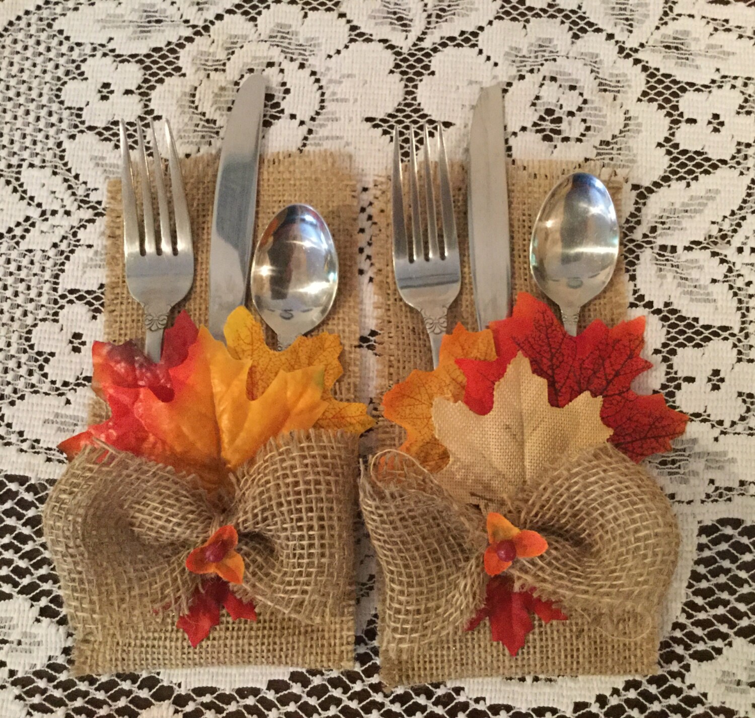 Fall Burlap Silverware Holder. Fall Leaves.Country