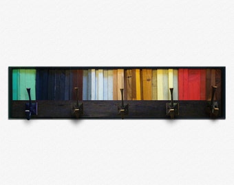 Reclaimed Wood Wall Art Coat Hook with Vertical Wood Stripes - Browns, blues, and natural wood