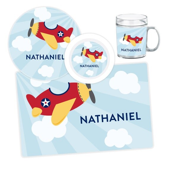 Airplane Plate, Bowl, Mug or Placemat - Airplane Dinnerware Set - Personalized Melamine Plate for Kids - Custom Kids Melamine Tableware Il_570xn