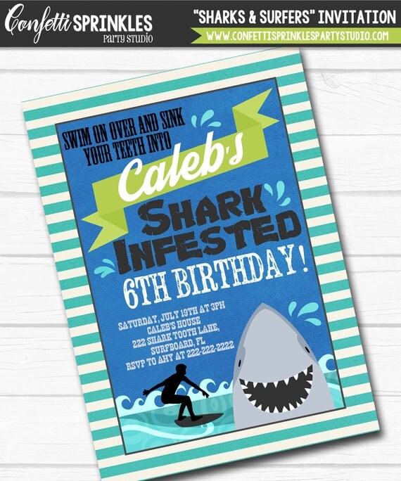 Personalized "Sharks & Surfers" Boys Birthday Party Digital Printable 4"x6" or 5"x7" Invitation Il_570xn