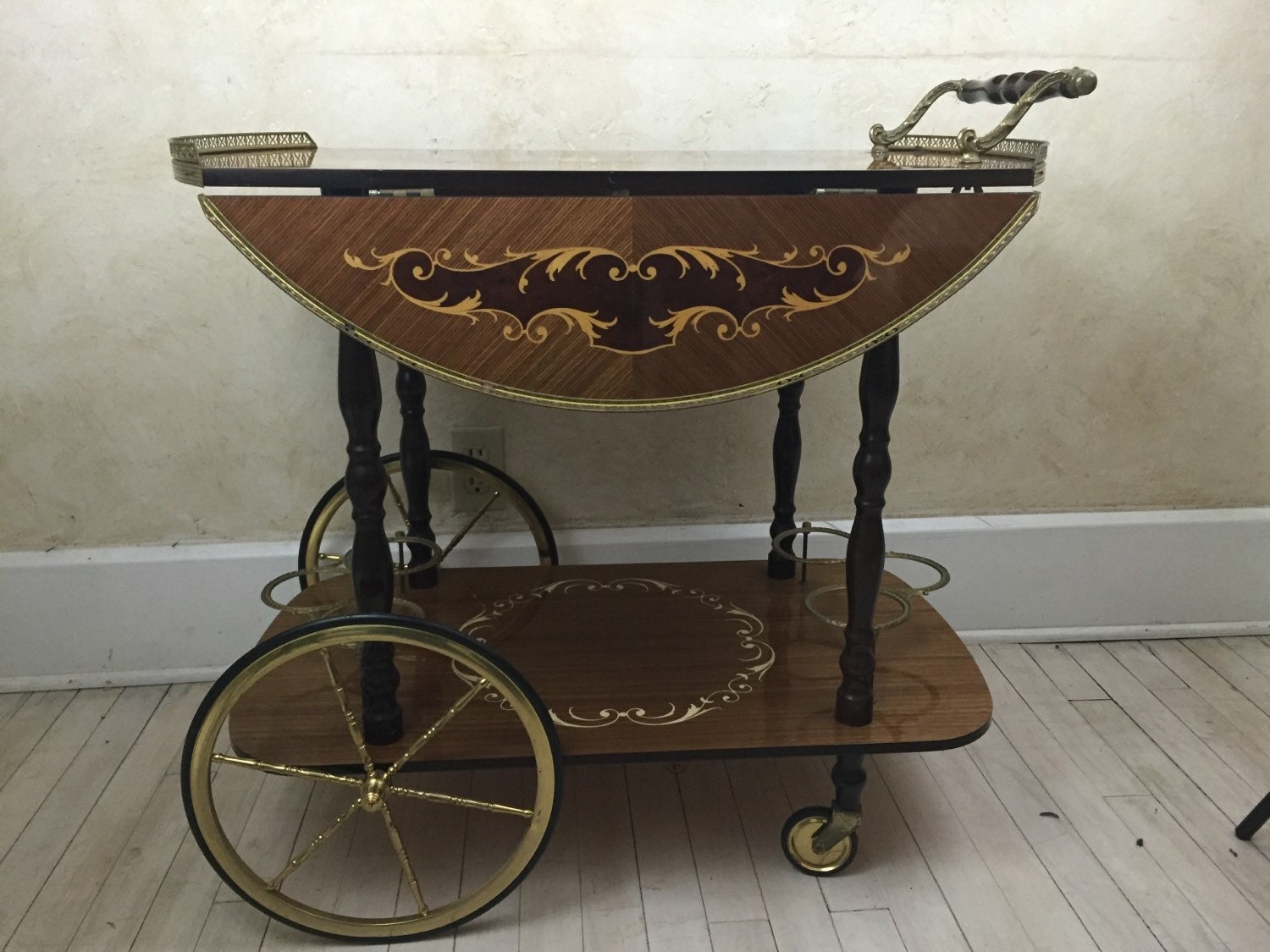 Mid Century Italian Liquor Cart Brass Wood Inlay Tea Cart Bar