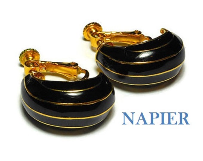 FREE SHIPPING Napier black earrings, 1980s black and gold enamel screw back earrings, gold stripes on black, half hoop