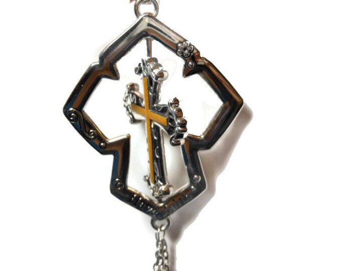 FREE SHIPPING Rotating cross pendant, gunmetal & gold tone turning cross in larger cross, 'Have faith', dove, heart and cross dangle charms