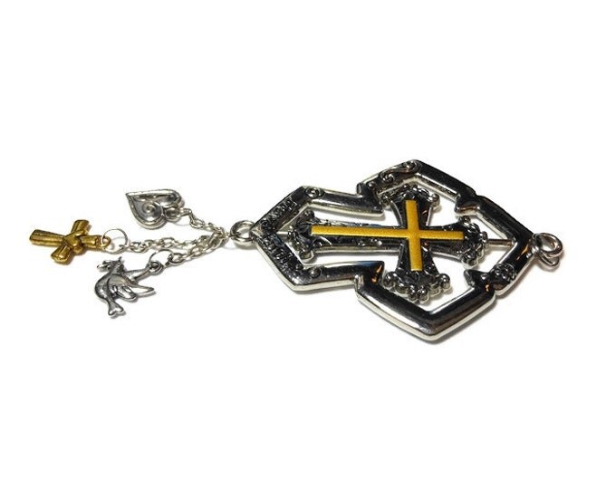 FREE SHIPPING Rotating cross pendant, gunmetal & gold tone turning cross in larger cross, 'Have faith', dove, heart and cross dangle charms