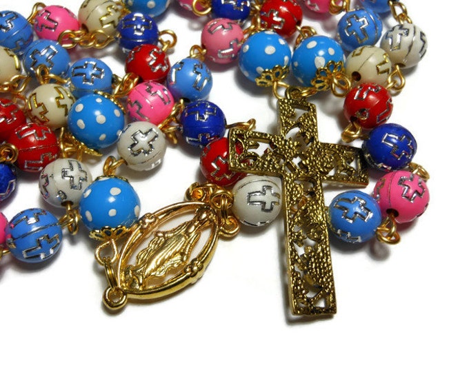 FREE SHIPPING Cross beads rosary acrylic cross beads, upcycled hand painted polka dot Our Fathers, gold crucifix and Virgin Mary medal