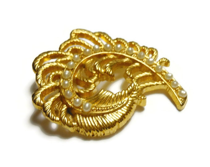 AAI gold leaf brooch, fern leaf, seed pearl vein, swirled pattern, designer signed, figural pin