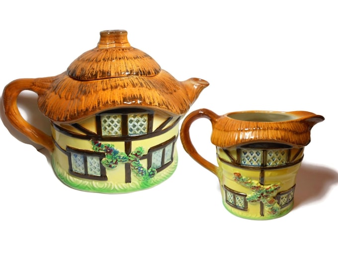 Signed tea set, 1950s early 60s, cottage ware, made in England, thatched cottage teapot and creamer, rare signed copy, designer Devon Cobb