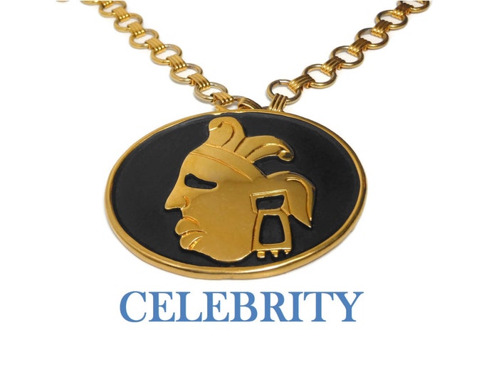 FREE SHIPPING Celebrity pendant necklace, Aztec Mayan gold face mask, black matte oval, framed in gold, gold link chain necklace, rare