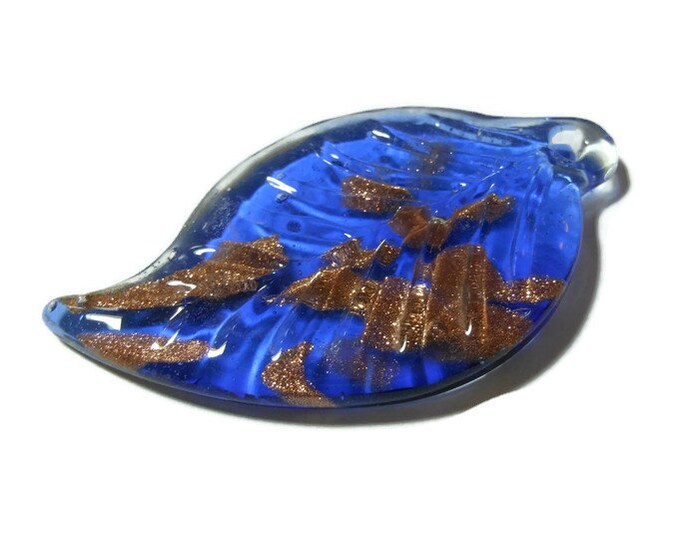 Large lampwork pendant, blue veined leaf with gold glitter highlights, leaf shape, 56 mm X 32 mm