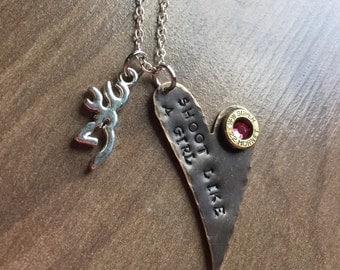 Rustic Shoot Like A Girl Bullet Heart and Browning Deer Stamped Country Hunting Hunter Deer Hunting Necklace