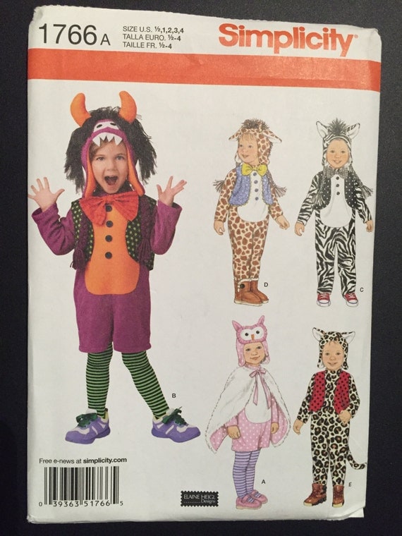 Simplicity Sewing Pattern 1766 Children's Zebra, Giraffe, Owl, Monster and Leopard Costume Size 1/2-4