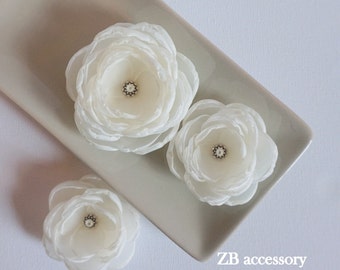 Ivory hair flowers, Ivory Bridal fabric hair clips, Ivory Bridesmaids dress sash brooch, Flower girls hair pins, Handmade Wedding Ornaments