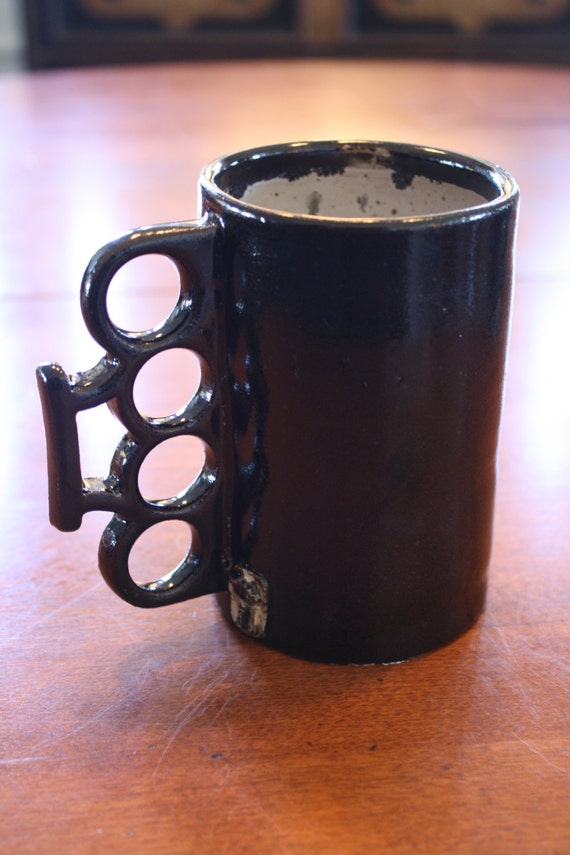 Unique Coffee Mug with Brass Knuckle Handle by InnocentLookingPots