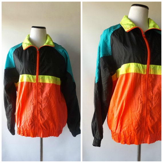 90s Neon Nylon Windbreaker Jacket Vintage Mens Womens Zip Up