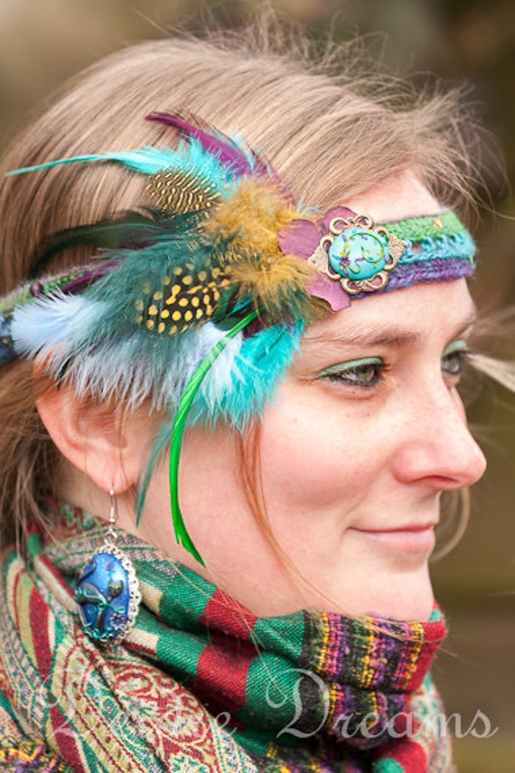 Hippie Headband Pastel Rainbow Crochet Headband Feather