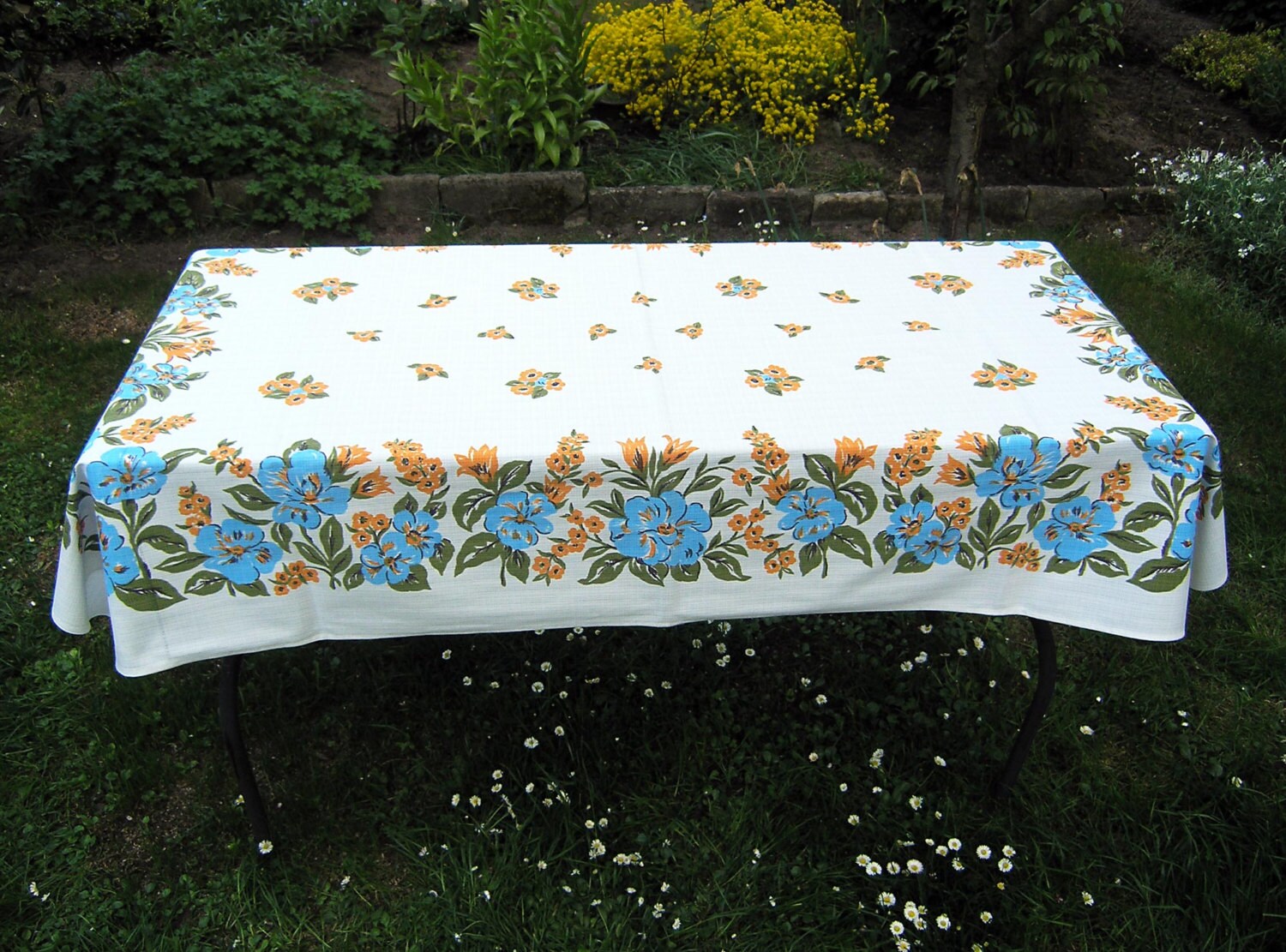 Vintage Blue Floral Tablecloth Synthetic Rectangular