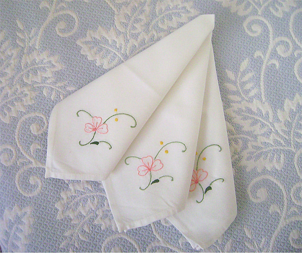 Vintage Set of 7 Hand Embroidered Napkins White Cotton Pink