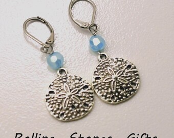 Sand Dollar Earrings, Light Blue Opal, AB Aquatic, Crystal Bead Earrings, Leverback Earrings, Aquatic Leverbacks, Surgical Steel Leverbacks