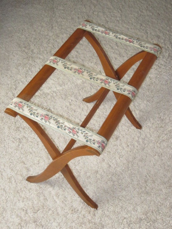 Vintage Wood & Tapestry Folding Luggage Rack Suitcase Stand
