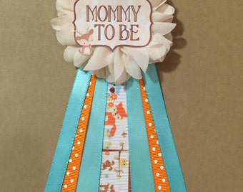 Woodland Animals teal orange Baby Shower Pin Mommy to be pin Ribbon Pin Corsage  Mommy Mom New Mom its a boy country hunting forest animals