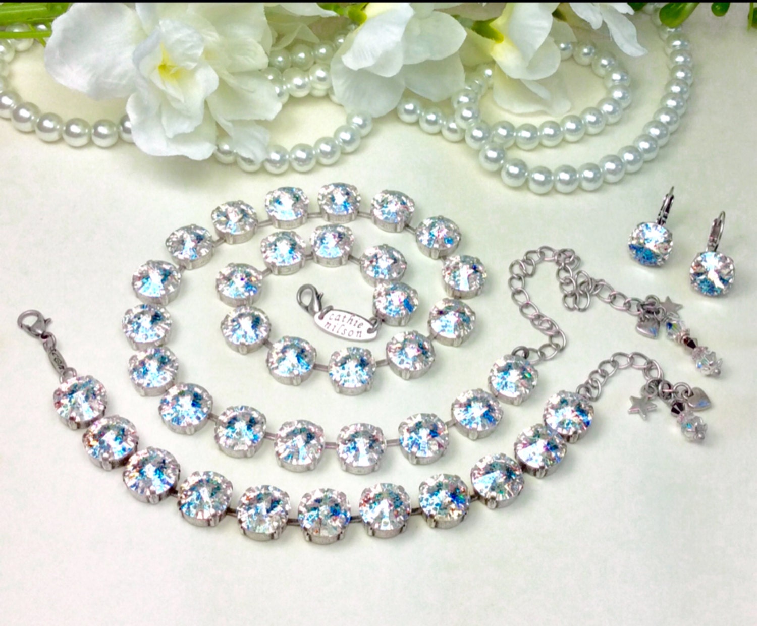 Swarovski Crystal 12MM White Patina Necklace, Bracelet,and Earrings- Designer Inspired - Classy & Beautiful Bridal Necklace! - FREE SHIPPING