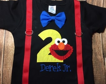 Custom boys Sesame Street elmo birthday shirt with suspenders and bow tie