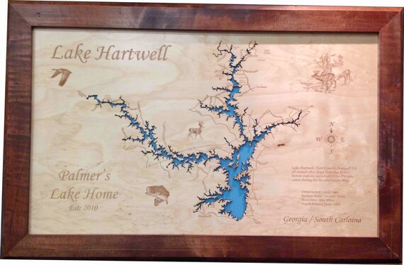 Wood Laser Cut Map of Lake Hartwell GA & SC Topographical by PhDs