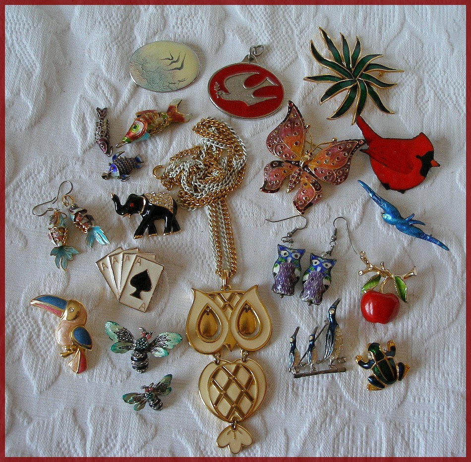 Vintage Enamel Jewelry Lot Of 20 Animals Birds by Queenofbigideas