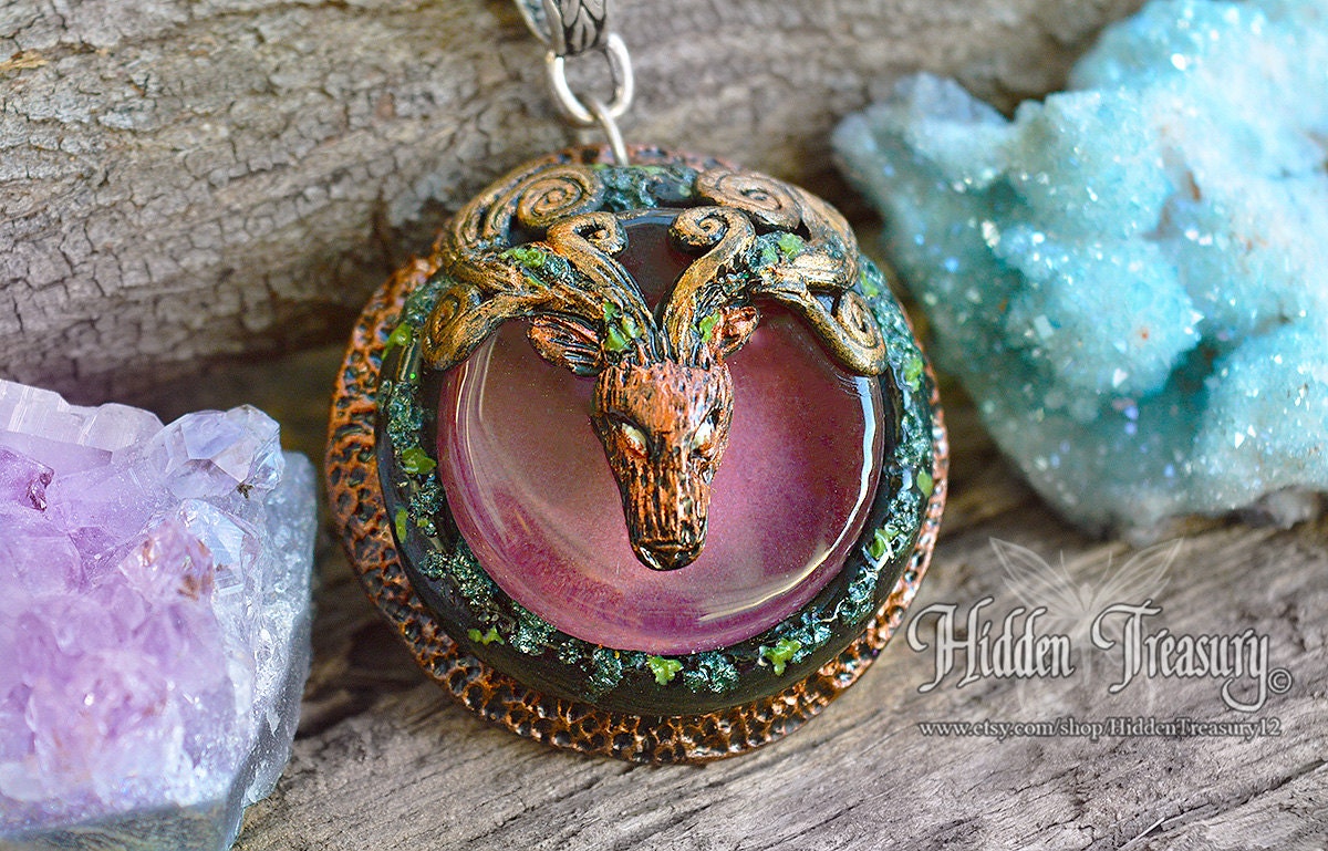 Druid Deer Necklace handmade ooak pendant polymer clay glass