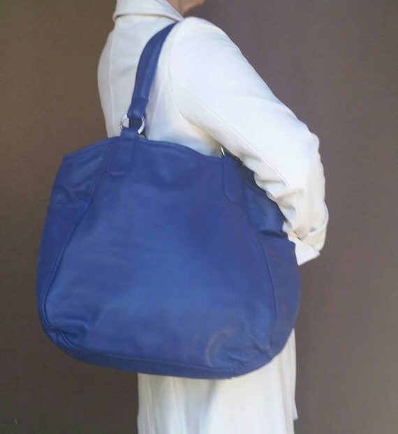 Tote Purse Indigo Blue Leather Shoulder Handbag Oversize