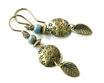 Boho dangle earrings - Blue Czech glass beads & antiqued brass leaves
