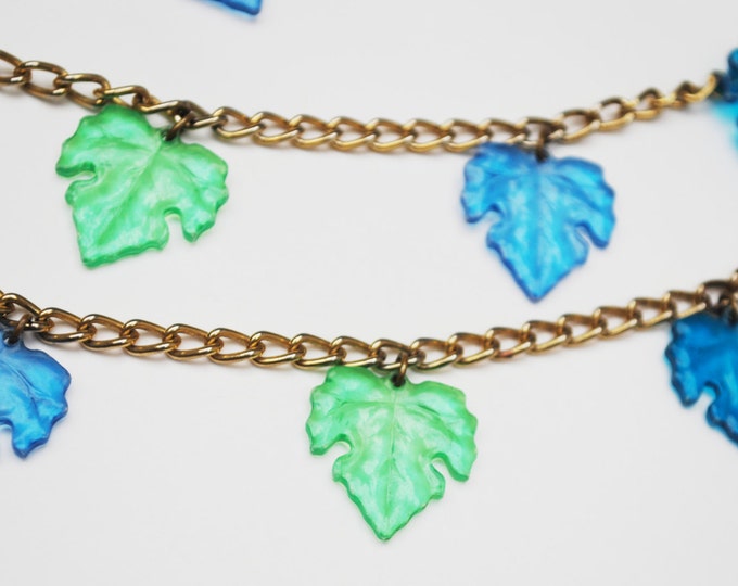 Blue Green Leaf Necklace Lucite grape leaf on gold tone chain