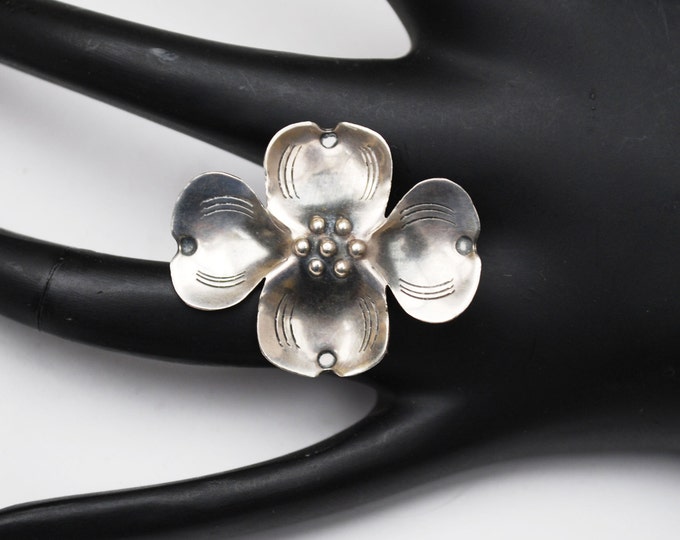 Dogwood flower Brooch - Sterling Silver - Signed Handmade - Floral Pin