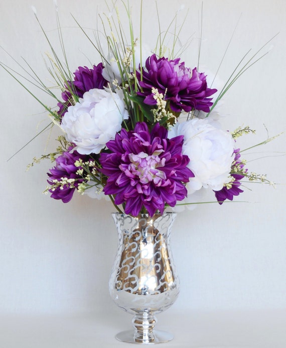 Artificial Flower Arrangement Purple Dahlias White Peonies