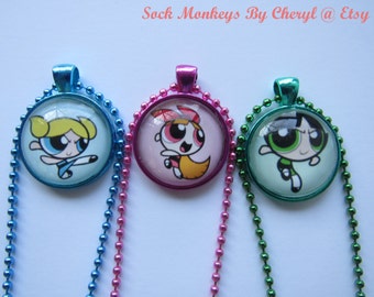 PowerPuff Girls Blossom Buttercup Bubbles Glass Pendant Necklace Action Pose
