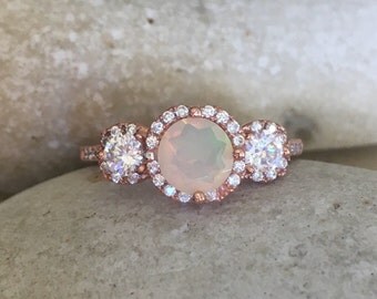 Opal Rose Gold Ring- Opal Bridal Set- Three Stone Anniversary Ring- Opal Promise Ring- Opal Engagement Ring Set- Opal Engagement Wedding Set