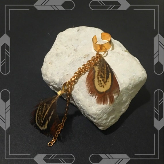 Brown feather Gold Ear Cuff Chain by INGcouture on Etsy