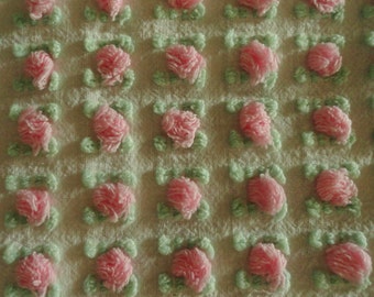 Pink Morgan Jones Rosebud Chenille Vintage Bedspread Fabric Piece...12 x 18"
