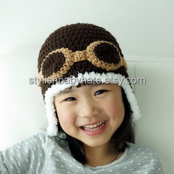 Aviator Hat Brown Crochet Baby Hat Eskimo Hat Pilot Hat