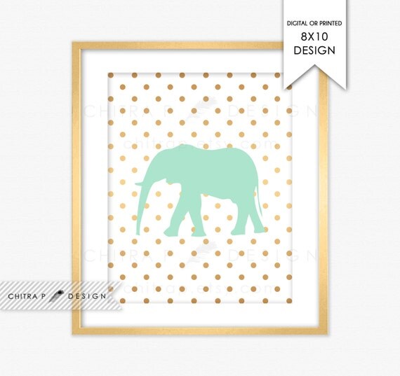 Elephant Wall Art Printed or Printable Mint Green Gold
