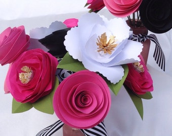 Paper flowers. Kate Spade inspired. Bridal bouquet. Centerpiece. Pink paper flowers. Black and white flowers. Bridal flowers. Babies room.