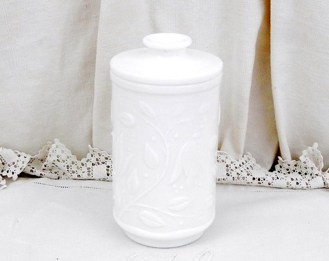 Vintage White Milk Glass Apothecary Decorative Jar with an Embossed Leaf Pattern, Opalex, Verre Opale, French Vintage Decor, Shabby Chic