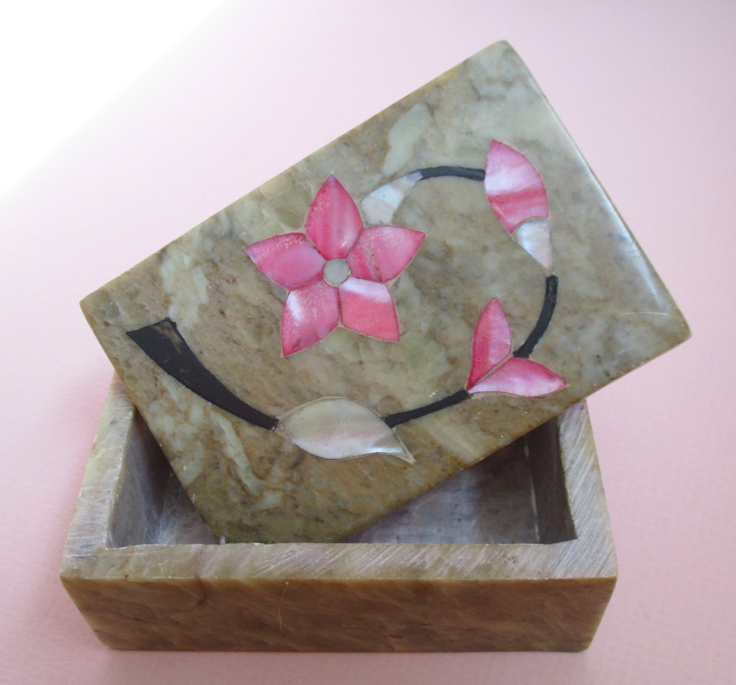 Soapstone Jewelry Trinket Box Vintage Rose Floral Inlay Gift